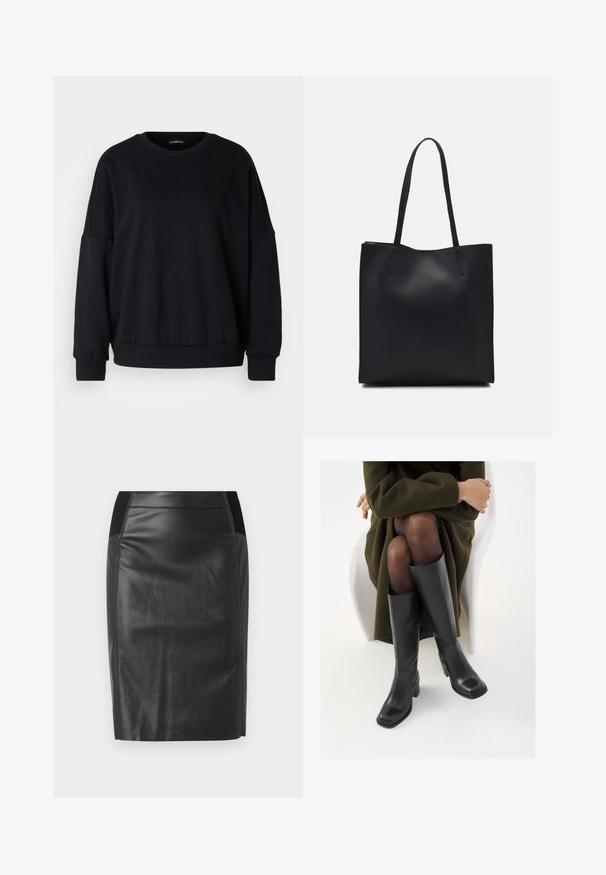 Hanorac negru cu guler rotund, croială lejeră, umeri căzuți, manșete ribbate și un material texturat. Design minimalist, fără modele.; Fustă creion din piele neagră, cu un design ajustat, textură netedă și talie elastică pe ambele părți. O margine plată la baza fustei.; Cizme din piele neagră, până la genunchi, cu vârf pătrat și toc bloc, prezentate pe un model așezat într-o haină verde măsline. Textură netedă, detalii minime.; Geantă tote neagră din piele, cu textură netedă, formă rectangulară și două mânere lungi. Fără hardware vizibil sau ornamente.
