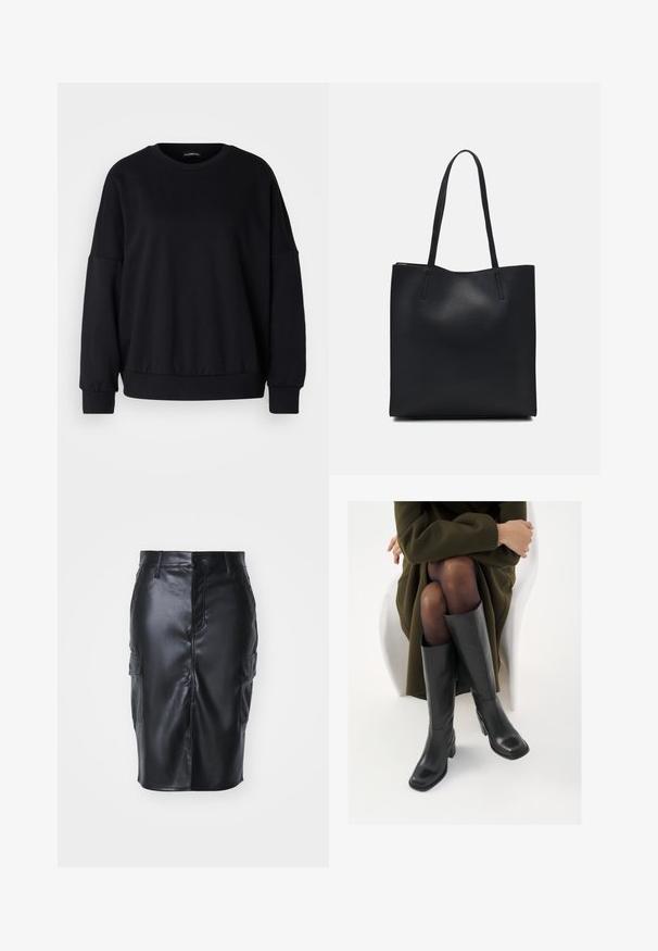 Zwarte sweatshirt met ronde hals, loose fit, verlaagde schouders, geribbelde manchetten en een gestructureerde stof. Minimalistisch ontwerp zonder patronen.; Zwarte faux leren kokerrok met een middenlange ontwerp, voorzien van een voorknopsluiting en twee zijcargo zakken. Glad textuur.; Knieschijf hoge zwarte leren laarzen met een vierkante neus en blokhak, getoond met een model dat zit in een olijfgroene jas. Gladde textuur, minimale details.; Zwarte leren handtas met een gladde textuur, rechthoekige vorm en twee lange handvaten. Geen zichtbare hardware of versieringen.
