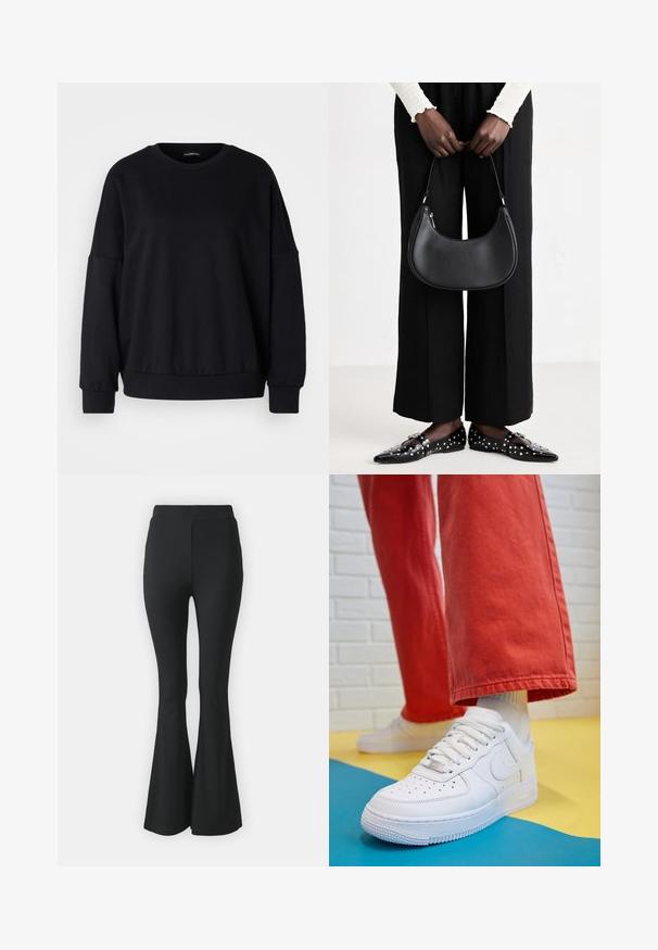 Čierna mikina s okrúhlym výstrihom, voľným strihom, spadnutými ramenami, rebrovanými manžetami a textúrovanou tkaninou. Minimum dizajnu bez vzorov.; Čierne rozšírené nohavice vyrobené z elastického materiálu. S vysokým pásom a hladkým, priliehavým strihom, ktorý sa rozširuje od kolena nadol.; Biele kožené tenisky s perforovanou špičkou, textúrovanou podrážkou a bielymi šnúrkami, spárované so širokými červenými nohavicami na modrom a žltom pozadí.; Čierna kožená taška cez rameno s oblejším tvarom, lesklým povrchom a striebornými kovovými doplnkami. Osoba oblečená v čiernych nohaviciach s širokými nohavicami a ozdobených mokasínach.