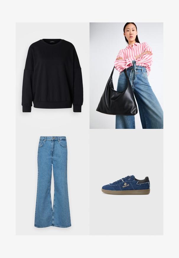 Crni dukserica s okruglim izrezom, opuštenog kroja, spuštenim ramenima, rebrastim manžetama i teksturiranom tkaninom. Minimalistički dizajn bez uzoraka.; Svijetloplave traperice s flared nogavicama, visokog struka, s pet džepova i jednim dugmetom za zatvaranje. Mekani materijal s izblijedjelim izgledom.; Replay PYPER - Tenisice - blue; Crna kožna torba preko ramena sa opuštenim oblikom i detaljima šavova. Model nosi majicu s ružičasto-bijelim prugama i široke plave traperice.