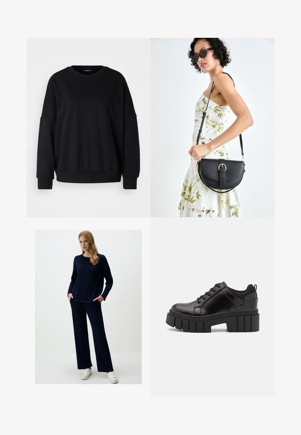 Schwarzes Sweatshirt mit Rundhalsausschnitt, lässiger Passform, überschnittenen Schultern, gerippte Bündchen und einer texturierten Stoffoberfläche. Minimales Design ohne Muster.; Marine-blauer Strickpullover und passende weit geschnittene Hose. Strukturierter Stoff, Rundhalsausschnitt und seitliche Taschen. Kombiniert mit weißen Sneakers.; Schwarze Lederplateauschuhe mit klobigem Blockabsatz, runder Zehenpartie und traditionellem Schnürdesign. Verfügt über eine glatte Textur und minimale Details.; Schwarze Lederhandtasche mit geschwungener Form, abnehmbarem Tragegurt und goldenen Beschlägen. Die Tasche verfügt über einen Deckel mit einer Schnallen-Details.