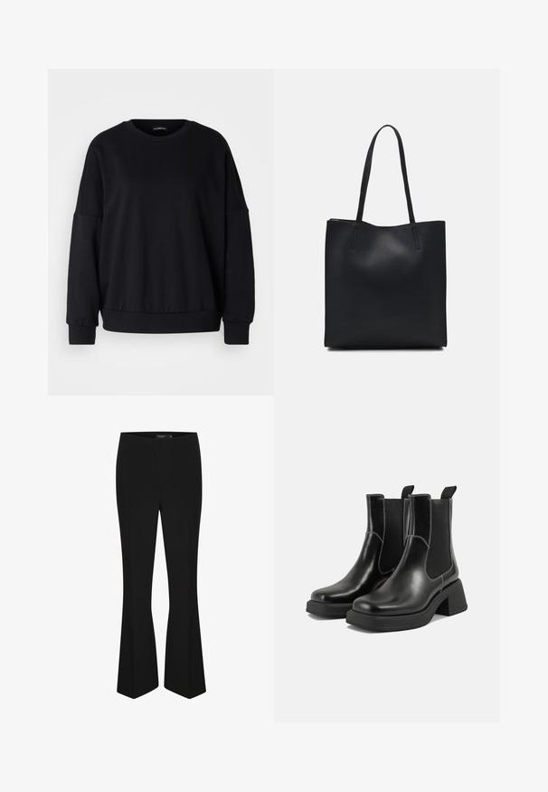 Schwarzes Sweatshirt mit Rundhalsausschnitt, lässiger Passform, überschnittenen Schultern, gerippte Bündchen und einer texturierten Stoffoberfläche. Minimales Design ohne Muster.; Schwarze, ausgestellte Hose aus glattem Material, mit einer taillierten Taille und einem schlichten Design ohne sichtbare Verschlüsse oder Verzierungen.; Schwarze Leder Chelsea-Stiefel mit einem klobigen Absatz, elastischen seitlichen Einsätzen und kontrastierendem weißen Nähten. Strukturierte Oberfläche.; Schwarze Laptoptasche aus Leder mit glatter Textur, rechteckiger Form und zwei langen Griffen. Keine sichtbaren Beschläge oder Verzierungen.