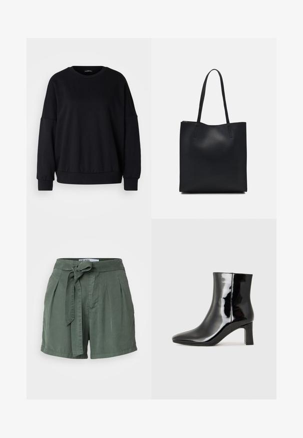 Sweatshirt preto com decote redondo, ajuste descontraído, ombros caídos, punhos canelados e um tecido texturizado. Design minimalista sem padrões.; Calções verdes de cintura alta feitos de tecido suave, com um cinto atado, frente plissada e bolsos laterais. Design ajustado com um ajuste casual.; Botim de tornozelo em pele sintética preta com bico apontado e salto bloco de altura média. Textura suave e design minimalista.; Bolsa tote preta em couro com textura lisa, forma retangular e duas alças longas. Sem hardware ou enfeites visíveis.