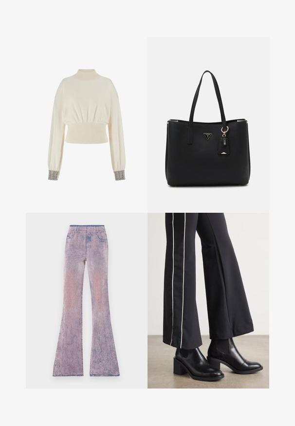 Kremno obarvana skrajšana jopica z visokim ovratnikom, rebrastim pasom in ohlapnimi rokavi. Manšete okrašene z kovinskimi bisernimi detajli.; Traperice s flared krojem u gradaciji od pastelnog ružičastog do ljubičastog s izblijedjelom teksturom. Sadrže elastičnu traku u struku i dizajn s pet džepova.; Črne usnjene gležnjarje s blok peto, z elastičnimi stranskimi paneli. Kombinirane s črnimi hlačami, ki imajo bele stranske črte.; Črna torba iz teksturiranega sintetičnega materiala, opremljena z dvema ročajoma, z zlatim logotipom in majhno oznako z detajlom v kontrastni barvi.