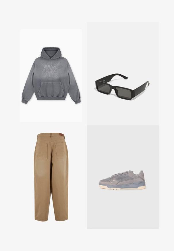 Mikina s kapucí šedé barvy, která má přední klokaní kapsu a embosovaný grafický design s textem "FAVELA Worldwide" a detailem 2013.; Béžové bavlněné kalhoty s volným střihem, které mají dvě zadní kapsy a štítek na pase. Tkanina má hladkou texturu a minimální detaily.; Šedé semišové tenisky s perforovanými detaily, silnou šedou mezipodešví, krémovou podešví a zavazováním, zobrazené v bočním profilu na bílém pozadí.; Černé sluneční brýle s obdélníkovými čočkami, matný plastový rám a rovné okraje. Obsahují logo značky na vnitřní straně ramena.