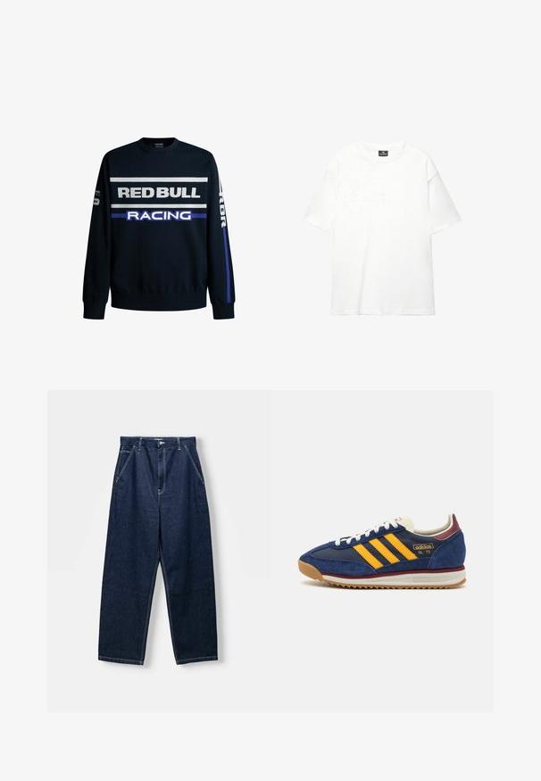 Mornarski pulover s napisom "RED BULL" in "RACING" v beli in vijolični barvi. Ima enobarvne rokave in rebraste manšete, izdelan iz mehkega pletenega materiala.; Bela prevelika majica iz mehkega, gladkega bombaža; ima kratke rokave, okroglo izreznico in čist, neopremljen dizajn.; Temno modri široki jeans hlače z visokim pasom, sprednjimi žepi in vidnim šivom. Tkanina ima gladko, trpežno teksturo.; Mornarsko modre suede teniske z rumenimi črtami, belimi vezalkami in burgundskimi poudarki. Teksturna podplat z utori za oprijem. Logotip blagovne znamke na strani.