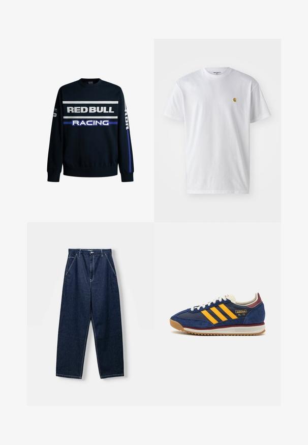 Mornarska dukserica s natpisima "RED BULL" i "RACING" u bijeloj i ljubičastoj boji. Ima čvrste rukave i rebraste manžetne, izrađena je od mekog pletenog materijala.; Bijela pamučna majica kratkih rukava s okruglim izrezom, sa malim zlatnim logotipom na lijevoj strani prsnog koša. Mekana tekstura i standardni kroj.; Tamno plave, široke traperice s visokim strukom, prednjim džepovima i vidljivim šavovima. Tkanina ima glatku, čvrstu teksturu.; Mornarične nubuk tenisice sa žutim trakama, bijelim čipkama i burgundskim detaljima. Teksturisani đon s utorima za prianjanje. Logo brenda sa strane.