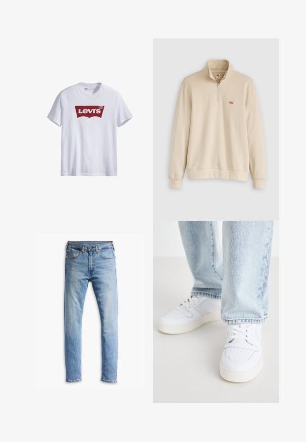 Beige zip-up sweatshirt met een hoge kraag, zachte textuur en een klein rood Levi's logo op de linker borst. Elastische manchetten en onderrand.; Witte katoenen t-shirt met een groot rood Levi's-logo gecentreerd op de borst; korte mouwen en een ronde halslijn.; Lichtblauwe denim jeans met een rechte snit, vijf zakken, knoopsluiting en subtiele vervaging over de stof.; Witte leren lage sneakers met geperforeerde neus, platte veters en een minimalistisch ontwerp. Gecombineerd met lichtblauwe denim jeans.