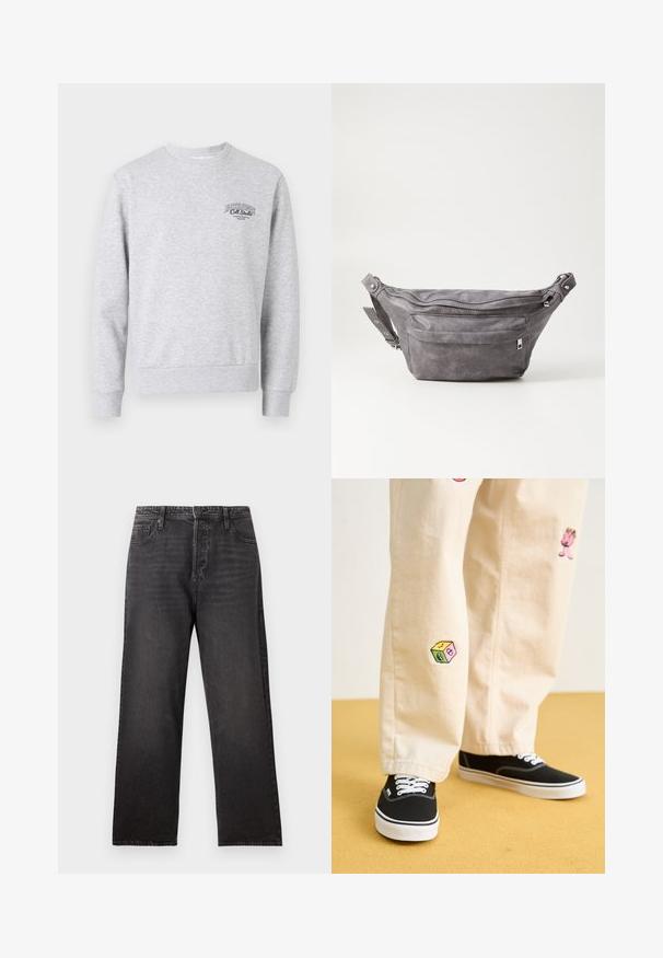 Sivi dukserica s okruglim dekolteom, rebrastim manžetama i donjim rubom, s malim crnim logotipom na prsima. Izrađena od mekog, teksturiranog materijala.; Crne traperice s ravnim nogavicama, s pet džepova i vidljivim šavovima. Lagana tkanina s glatkom teksturom.; Bež pamuk hlače s razigranim izvezenim dizajnima, uključujući ružičasti lik i obojene blokove, uparene s crnim vezicama za cipele.; Siva zamšasta torbica preko struka sa zaobljenim oblikom, dva zip zatvorena odjeljka i podesivim remenom. Sadrži metalne naglaske.