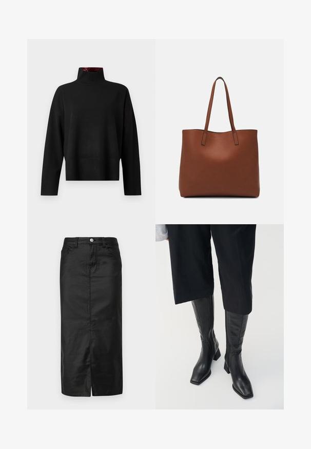Črn pulover s turtleneck ovratnikom, izdelan iz mehkega pletenega blaga. Ima rebrast ovratnik in manšete, sproščen kroj ter skrajšano dolžino.; Črna denim midi krila s sprednjim razporkom, zasnovo s petimi žepki in kovinskim gumbom za zapiranje. Gladka tekstura in klasična ravna oblika.; Črne usnjene škornje do kolen s kvadratnim nosom in blok peto. Imajo stranski zadrgo in gladko teksturo.; Rjava usnjena torba z gladko teksturo, odprto zasnovo zgoraj in dvema naramnima trakovoma. Opremljena je z minimalnim šivanjem in brez vidnih kovinskih delov.