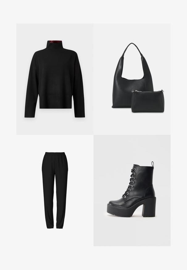 Czarny sweter z golfem, wykonany z miękkiej przędzy. Posiada prążkowany kołnierz i mankiety, luźny krój oraz skróconą długość.; Czarne dresy z elastycznym pasem, zwężanymi nogawkami i gładką, miękką teksturą. Prosty, funkcjonalny design bez dodatkowych akcentów.; Czarne skórzane botki za kostkę z grubym słupkowym obcasem, sznurowanym przodem i teksturowaną powierzchnią. Posiadają pętelkę z tyłu dla łatwego zakładania.; Even&Odd - Torebka