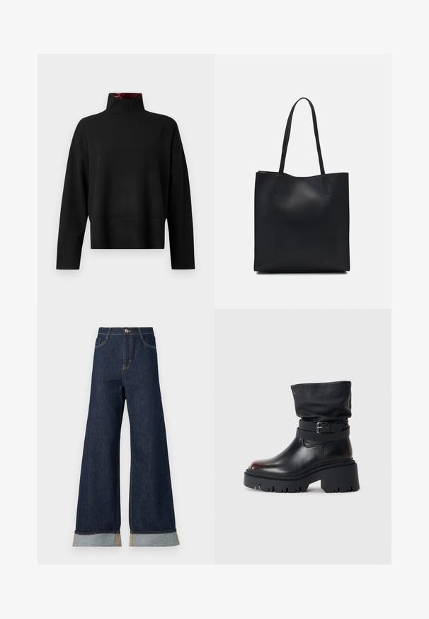 Crni džemper s rolkragnom, izrađen od mekanog pletiva. Ima rebrasti ovratnik i manžete, sa opuštenim krojem i skraćenom dužinom.; Široke tamne traperice s narančastim šavovima, s visokim strukom, dva prednja džepa i prevrnutim rubovima koji ističu svijetloplavu kontrastnu tkaninu.; Crne kožne čizme do gležnja s opuštenim gornjim dijelom, detaljem kopče i debelim, robusnim đonom. Imaju okrugli vrh i glatku teksturu.; Crna kožna torba za nošenje s glatkom teksturom, pravokutnim oblikom i dvije duge ručke. Nema vidljivih metalnih dijelova ili ukrasa.