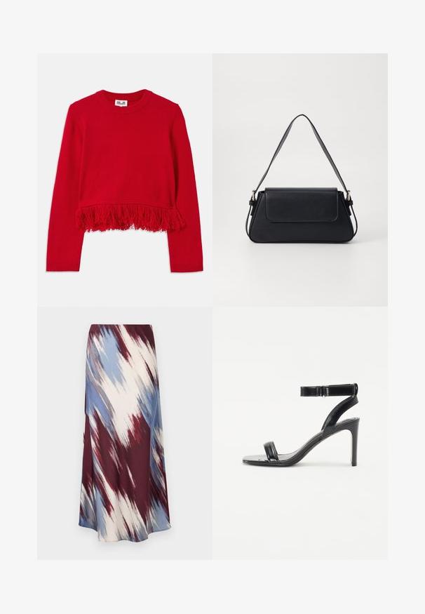 Punane kootud sviiter, millel on ümmargune kaelus ja pikad varrukad, ning mille alumisel äärel on tekstuuriga olenenud detail.; Pikad seelik, millel on diagonaalne tie-dye muster burgundia, sinise ja kreemja värviga, valmistatud pehmest kangast, omades voolavat siluetti ja kerget sära.; Mustad mustade kontsadega sandaalid läikiva viimistlusega, millel on kaks õhukest rihma ja pahkluu rihm, asetatud õhukese stilettokontsaga.; Mustast nahkvarustus, millel on ristkülikukujuline kuju, lame sulgemine ja üks õlavarre rihm. Omab siledat tekstuuri ja minimaalseid tapeete.