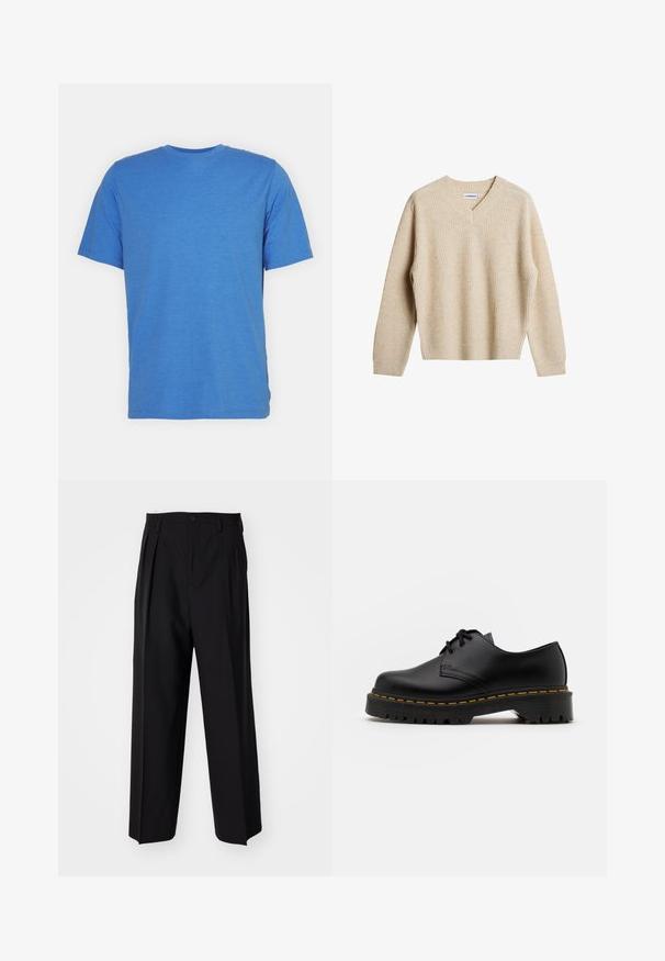 Beige pletený svetr s V-výstřihem a dlouhými rukávy. Má uvolněný střih a texturovanou tkaninu pro zvýšení tepla a pohodlí.; Tričko s krátkým rukávem a kulatým výstřihem v jednobarevné modré. Vyrobeno z jemné, prodyšné látky s hladkým povrchem a bez vzorů nebo akcentů.; Černé skládací kalhoty s rovnými, širokými nohavicemi. Vyrobené z hladké tkaniny, se zapínáním na knoflík a poutky na opasek.; Černá kůže šněrovací boty s kulatou špičkou, texturovanou gumovou podrážkou a žlutým prošíváním kolem základny. Plný design a hladký povrch.