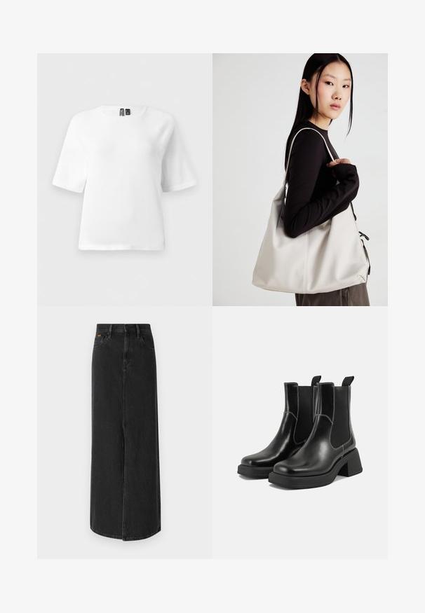 Top branco de manga curta feito de um tecido texturizado suave. Apresenta um decote redondo e mangas raglan. Design simples e minimalista.; Saias maxi de denim preto com corte reto, design de cinco bolsos e fenda frontal. Apresenta um fecho com botão e detalhes de costura discretos.; Botas Chelsea em couro preto com um salto grosso, painéis laterais elásticos e costura branca em contraste. Acabamento texturizado.; Uma bolsa bege feita de material macio, com um design descontraído, detalhes de costura e duas alças para o ombro. Adequada para uso diário.