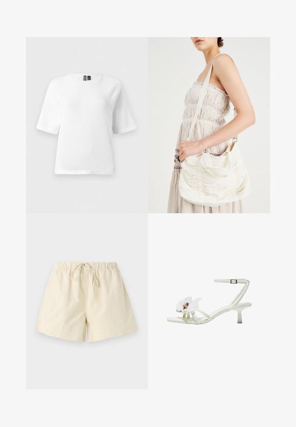 Bela kratka majica s kratkimi rokavi, izdelana iz mehkega teksturiranega materiala. Ima okroglo izrezano ovratnik in raglan rokave. Enostaven, minimalističen dizajn.; Bež šorts z elastičnim pasom in vrvico za zavezovanje, ki ima sproščen kroj in gladko teksturo. Brez vidnih žepov ali vzorcev.; Bela sandala na peto iz teksturiranega materiala, z širokim cvetnim okrasom na prstu, tankimi trakovi in srednje visokim špicastim petkom.; Bela platnena torbica na rame z zbranim teksturo, nastavljivim trakom in srebrnim okovjem. Prikazana ob kremni obleki.