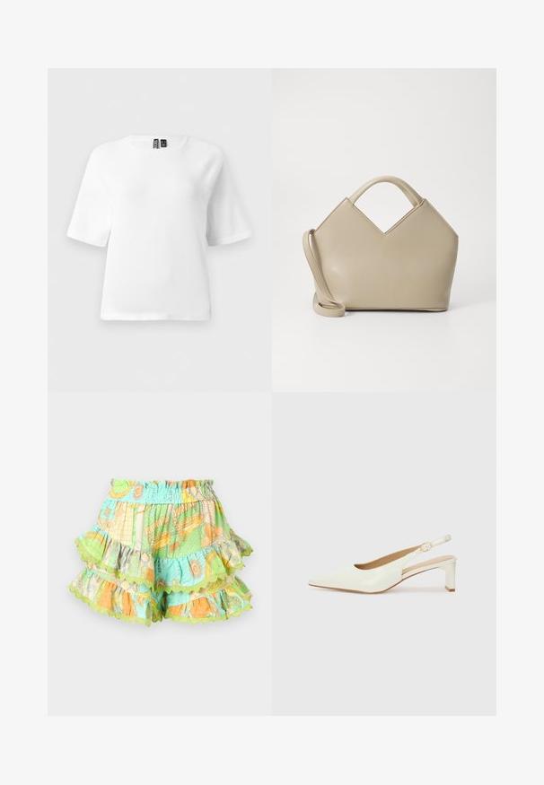 Biely krátky rukávový top vyrobený z mäkkej štruktúrovanej tkaniny. Má okrúhly výstrih a raglánové rukávy. Jednoduchý, minimalistický dizajn.; Farebné vrstvené šortky s elastickým pásom, zdobené vzormi v zelenej, oranžovej a modrej farbe, zakončené volánikmi.; Biele lakované lodičky na podpätku so špicatou špičkou a nízkym blokovým opätkom. Obsahujú jemný remienok s detailom zlatého tónu.; Béžová štruktúrovaná kabelka s vrcholom v tvare V, vyrobená z hladkej kože, s krátkymi rúčkami a dlhým nastaviteľným popruhom. Minimalistický dizajn.