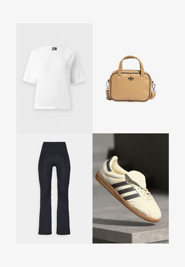 Hvit kortermet topp laget av myk teksturert stoff. Har rund hals og raglanermer. Enkel, minimalistisk design.; Sorte utsvingte leggings laget av et elastisk stoff med høy midje. Har en jevn tekstur og minimale sømdetaljer.; Kremfargede lær sneakers med tre mørke striper, en brun gummisåle og en avrundet tå. Har en sammenleggbar tunga merket "SAMBA."; Tan vegan lærveske med to håndtak, avtagbar skulderrem, svart kontrastsøm, og en liten svart logo på fronten.