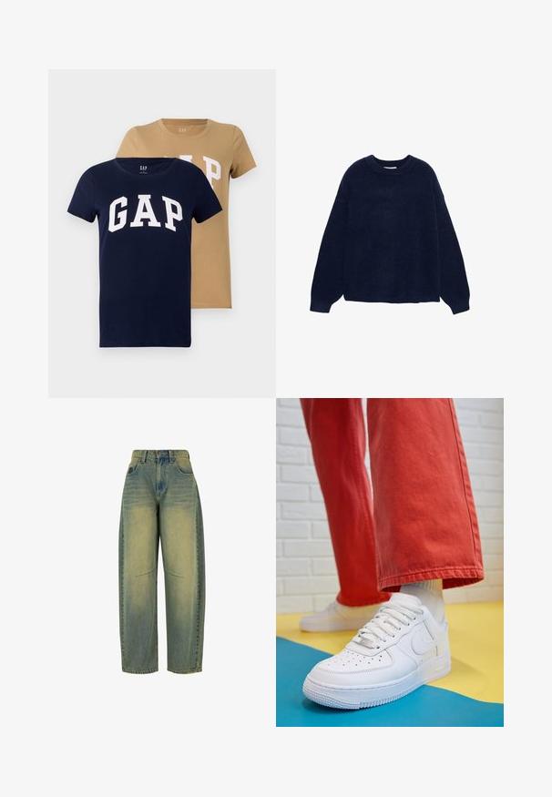 Navyblauer Strickpullover aus weichem Stoff, mit Rundhalsausschnitt und weiten Ärmeln, in lockerer Passform und ohne sichtbare Muster oder Hardware.; Zwei kurzärmelige T-Shirts in Marineblau und Beige, aus Baumwolle. Beide haben ein großes weißes "GAP"-Logo auf der Vorderseite.; Weite Jeans aus Denim in Hellblau mit ausgewaschener Textur. Fünf Taschen und hohe Taille. Sauberer Saum und dezente Nähdetails.; Weiße Leder-Sneaker mit perforiertem Zehenbereich, strukturiertem Sohlen und weißen Schnürsenkeln, kombiniert mit weiten roten Hosen und einem blauen und gelben Hintergrund.