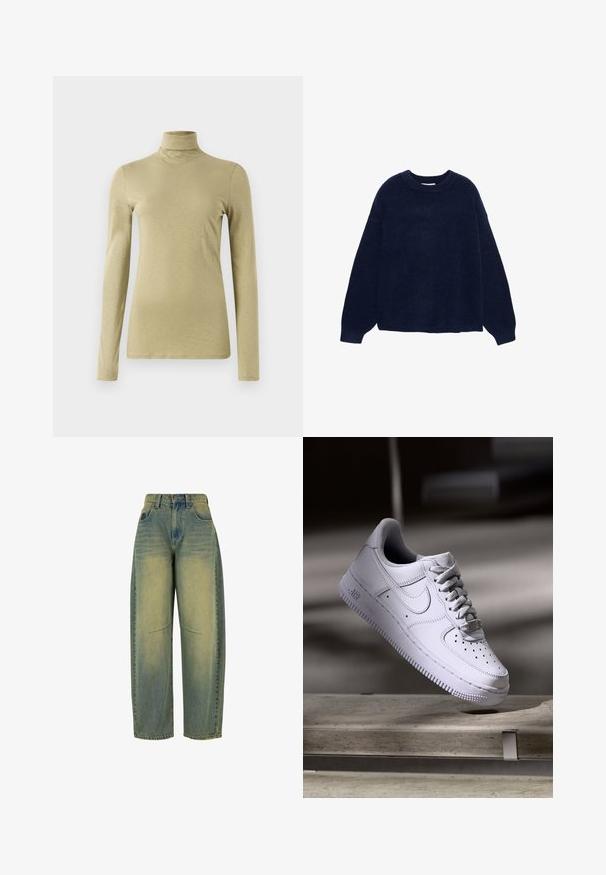 Námornícko modrý pletený sveter vyrobený z mäkkej látky, s okrúhlym výstrihom a širokými rukávmi, s uvoľneným strihom a bez viditeľných vzorov alebo kovových prvkov.; Dlhý rukáv s rolákom v svetlej olivovej farbe, s úzkym strihom a hladkým, mírne textúrovaným materiálom bez ozdôb.; Džínsy s širokými nohavicami v svetlom modrom odtieni s vyblednutou textúrou. Obsahujú päť vreciek a vysoký pás. Čistý lem a jemné švy.; Nike Sportswear AIR FORCE 1 07 - Tenisky - white