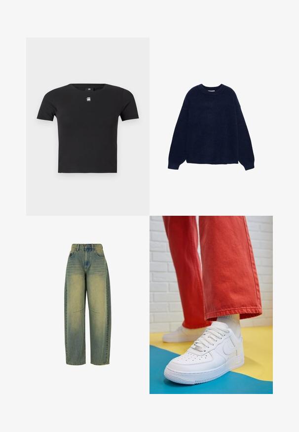 Sötétkék kötött pulóver puha anyagból, kerek nyakkivágással és széles ujjakkal, laza szabásban, látható minták vagy fémalkatrészek nélkül.; Fekete pamut póló rövid ujjal, kerek nyakkivágással és egy kis fehér logóval a mellkason. Sima textúra.; Világoskék, széles szárú farmernadrág, elhasználódott textúrával. Öt zsebe van és magas derékkal rendelkezik. Tiszta szegés és finom varrási részletek jellemzik.; Fehér bőr edzőcipő perforált orral, texturált talppal és fehér fűzővel, széles vörös nadrággal párosítva, kék és sárga háttérrel.