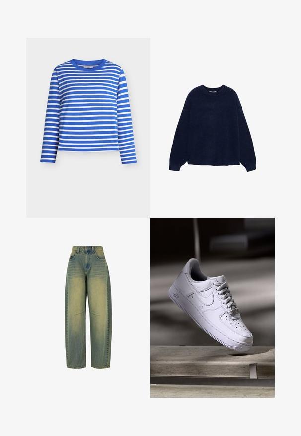 Marineblauw gebreid trui gemaakt van zachte stof, met een ronde hals en brede mouwen, in een relaxte pasvorm zonder zichtbare patronen of materialen.; Blauw-wit gestreept shirt met lange mouwen en een ronde hals. Gemaakt van zacht materiaal, met gelijkmatige horizontale strepen en een ontspannen pasvorm.; Lichtblauwe denim jeans met een wijdere pijp en vervaagde textuur. Voorzien van vijf zakken en een hoge taille. Net afgewerkte zoom en subtiele stikseldetails.; Witte Nike Air Force 1 sneaker die zweeft boven een betonnen oppervlak met schaduwen in een minimalistische setting.