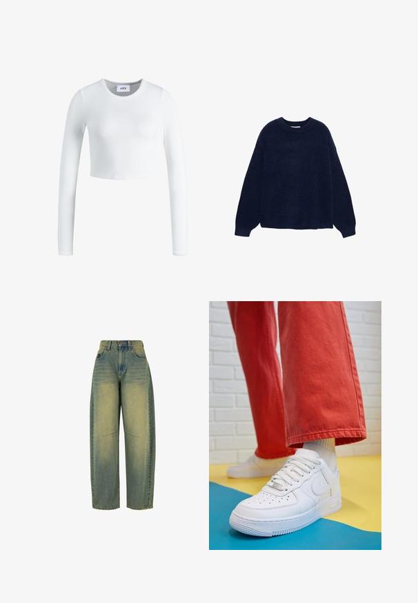 Sötétkék kötött pulóver puha anyagból, kerek nyakkivágással és széles ujjakkal, laza szabásban, látható minták vagy fémalkatrészek nélkül.; Fehér, hosszú ujjú, crop top, bordázott anyagból készült. Kerek nyakkivágással és testhezálló fazonnal rendelkezik. Címke látható a nyaknál.; Világoskék, széles szárú farmernadrág, elhasználódott textúrával. Öt zsebe van és magas derékkal rendelkezik. Tiszta szegés és finom varrási részletek jellemzik.; Fehér bőr edzőcipő perforált orral, texturált talppal és fehér fűzővel, széles vörös nadrággal párosítva, kék és sárga háttérrel.