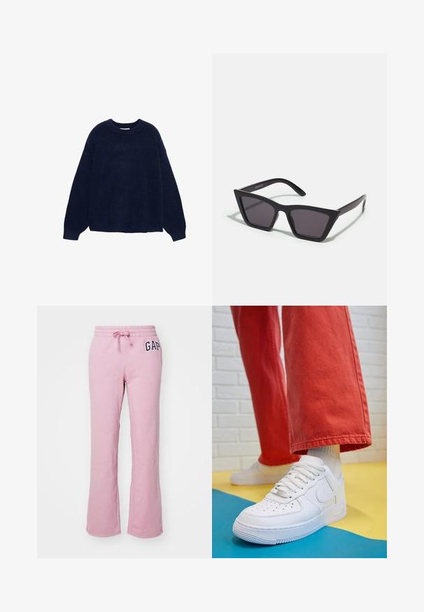 Sötétkék kötött pulóver puha anyagból, kerek nyakkivágással és széles ujjakkal, laza szabásban, látható minták vagy fémalkatrészek nélkül.; GAP HERITAGE - Tréningruha alsók - lilas pink; Fehér bőr edzőcipő perforált orral, texturált talppal és fehér fűzővel, széles vörös nadrággal párosítva, kék és sárga háttérrel.; Fekete, szögletes napszemüveg szürke lencsékkel; műanyagból készült, vastag karokkal, sima felülettel és látható hardver nélkül.