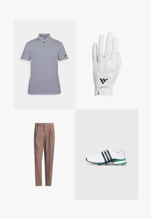 Črn pulover z četrtno zadrgo, izdelan iz mehkega materiala, z naglasom sive zadrge in majhnim sivim logotipom blagovne znamke na levem prsnem delu. Dolgi rokavi.; Polo majica s prugastim dizajnom koja sadrži mornarsko plave i bijele horizontalne pruge, ovratnik, plaket s tri dugmeta i kratke rukave. Mekani tekstil.; adidas Golf Originals F PLEAT - Hlače - trace brown; Bela atletska čevlja z črnimi in zelenimi poudarki, teksturiran gumijast podplat ter tri črne črte na bočni strani. Lahka zasnova.; Bela usnjena golf rokavica s perforiranimi prsti, teksturiranim šivom in črnim poudarjenim logotipom na zapestju. Slim fit oblikovanje za boljši oprijem.
