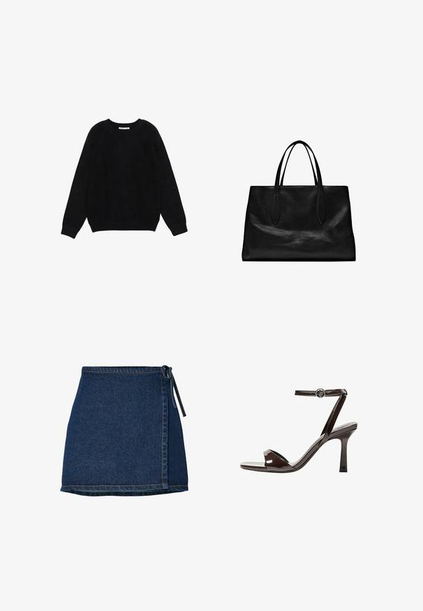 Černý dlouhý rukáv svetr s kulatým výstřihem, s žebrovanými manžetami a lemem, položený rovně na bílém pozadí.; Džínová sukně s převázaným designem, tmavě modré barvy, s vázací pasovkou. Obsahuje švy podél lemů a bočního švu.; Hnědé lakované kožené sandály na vysokém podpatku s páskem kolem kotníku, otevřenou špičkou a elegantním, minimalistickým designem. Obsahují čtvercový podpatek.; Černá kožená taška na rameno s dvěma dlouhými uchy, strukturovaným tvarem, hladkou texturou a minimalistickým designem. Žádné viditelné kovové prvky ani ozdoby.