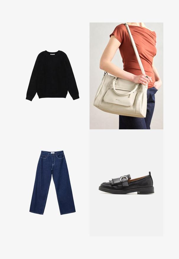 Schwarzer Rundhalspullover mit langen Ärmeln, gerippten Bündchen und Saum, flach auf weißem Hintergrund dargestellt.; Hellebänder aus dunkelblauem Denim mit Knopfverschluss, fünf Taschen und kontrastierenden weißen Nähten. Der Stoff hat eine glatte, leicht strukturierte Oberfläche.; Pavement MATILDA - Slipper - black; Weiße Lederhandtasche mit zwei Griffen und einem abnehmbaren Schulterriemen, ausgestattet mit einer vorderen Reißverschlusstasche und glatter Textur. Wird am Arm einer Person getragen.