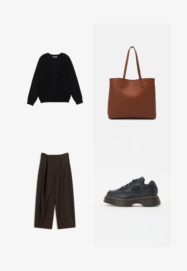 Černý dlouhý rukáv svetr s kulatým výstřihem, s žebrovanými manžetami a lemem, položený rovně na bílém pozadí.; Tmavě hnědé široké kalhoty s vysokým pasem, vybavené jedním tlačítkem na zapínání a plisovaným předním dílem. Vyrobené z lehkého materiálu.; Černé kožené tenisky s texturovaným povrchem, kulatou špičkou a silnou platformou. Vyznačují se žlutým kontrastním prošíváním a božním logem.; Hnědá kožená taška přes rameno s hladkou texturou, otevřeným designem a dvěma ramenními popruhy. Obsahuje minimální švy a žádné viditelné kovové prvky.