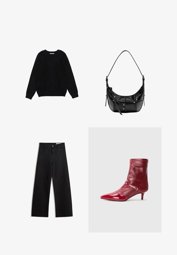 Musta pitkähihaisen pyöreäkauluksinen neulepusero, jossa on resorit hihansuissa ja helmassa, esitettynä litteänä valkoisella taustalla.; Mustat leveät farkut korkealla vyötäröllä, joissa on etu- ja takataskut, ommellut saumat ja nappisuljenta. Silkinoinen rakenne.; Punainen synteettinen nilkkuri, jossa on terävä kärki, kiiltävä pinta ja kapea korko. Varustettu hihnalla, jossa on metallinen solki ja joustava varsi.; Mustakalla nahkainen olkalaukku kaarevalla muotoilulla, jossa on hopeisia niittejä ja ompelutarkkuutta. Säädettävä hihna monipuolisuutta varten.