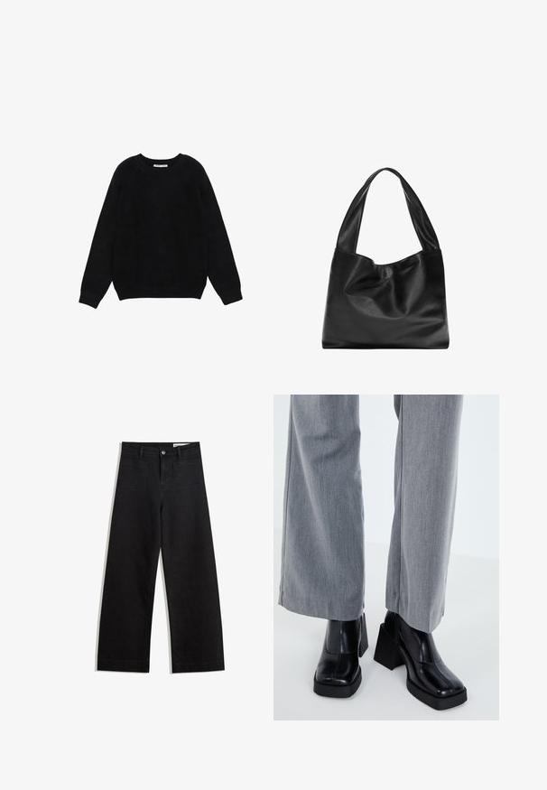 Sort langærmet crewneck-sweater med ribbede ærmekanter og kant nederst, vist fladt på en hvid baggrund.; Sorte wide-leg denim bukser med høj talje, der har front- og baglommer, syede sømme og en knaplukning. Glat tekstur.; Sort hæl støvle med firkantet tå, glat læderfinish og en kraftig platform. Parret med lysegrå, bredbenede bukser.; Sort læder tote bag med et blødt, slattent design, brede håndtag og en glat tekstur. Ingen synlig hardware eller udsmykninger.