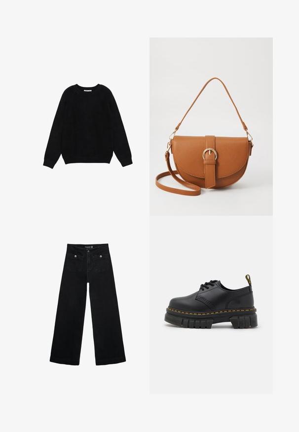 Musta pitkähihaisen pyöreäkauluksinen neulepusero, jossa on resorit hihansuissa ja helmassa, esitettynä litteänä valkoisella taustalla.; Mustat leveälahkeiset farkut korkean vyötärön kanssa, joissa on kaksi etutaskua ja metalliset nappikoristeet. Kangas on sileä.; Mustat nahkakengät, joissa on paksu, teksturoitu pohja. Ominaisuuksiin kuuluvat keltaiset ompeleet, pyöreä kärki ja vetomainen kanta.; Ruskean nahkainen olkalaukku, jossa on kaareva muoto, kultaiset yksityiskohdat ja solkiyksityiskohta. Varustettu irrotettavalla olkahihnalla.