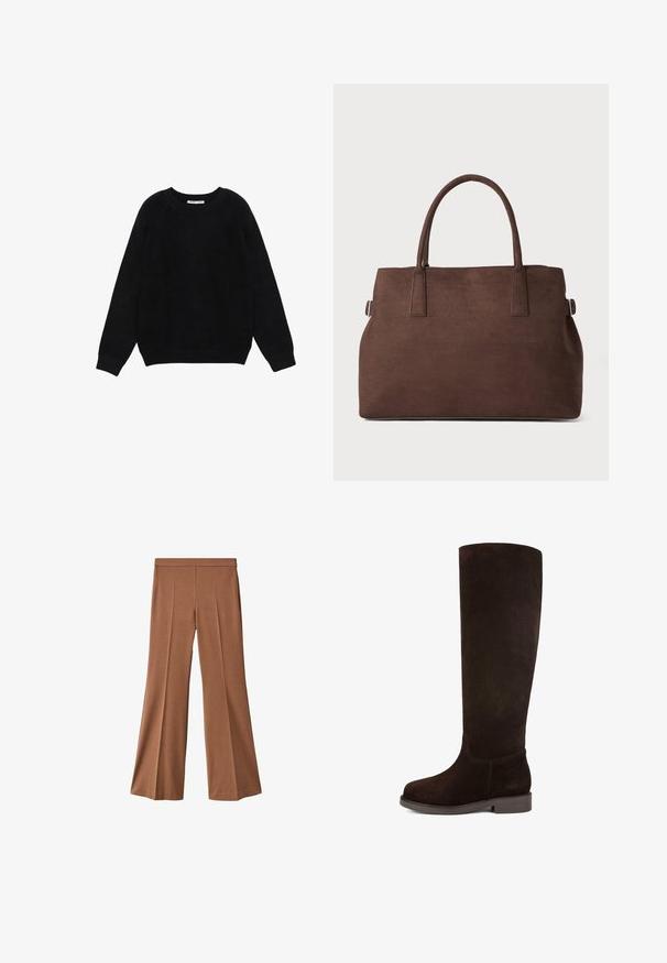 Musta pitkähihaisen pyöreäkauluksinen neulepusero, jossa on resorit hihansuissa ja helmassa, esitettynä litteänä valkoisella taustalla.; Ruske leve hlače s gladko teksturo, visoko pasico, dvema sprednjima poudarjanjema in ravnim krojem do roba.; Kengät ruskeasta mokasta, polvipituiset, pyöreällä varvalla, littealla pohjalla ja sileällä pinnalla. Vähäinen ompelu ja tyylikäs muotoilu.; Ruskea tekosuoletotepussi, jossa on kaksi tukevampaa kahvaa, jämäkkä muoto ja minimalistinen muotoilu, joka sisältää hienovaraisia ompeluakselointeja.