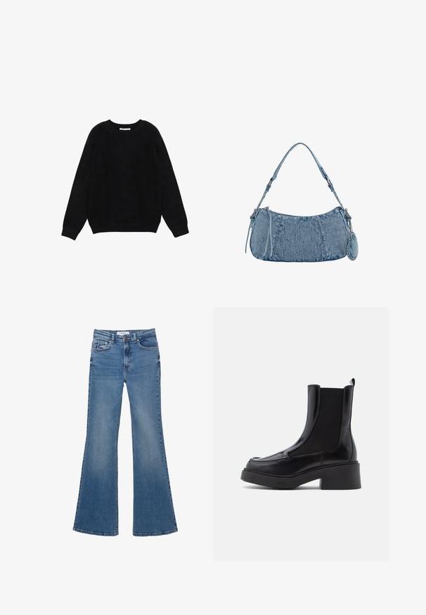 Fekete hosszú ujjú kerek nyakú pulóver bordázott mandzsettákkal és szegéllyel, fehér háttéren, laposan elhelyezve.; Kék farmerszövet, bővülő szárú nadrág elülső és hátsó zsebekkel, övhurkokkal és gombos záródással, sík felületen, fehér háttérrel.; Fekete chelsea csizmák masszív sarkakkal, fényes bőr felsőrésszel és elasztikus oldalpanellel a könnyű felvétel érdekében. Szilárd gumi talp.; Farmer táska ívelt formával, világoskék színben, állítható vállpánttal és egy kis levehető tasakkal, fémes részletekkel.