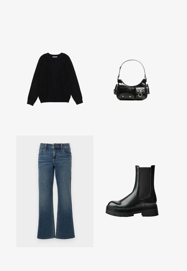 Černý dlouhý rukáv svetr s kulatým výstřihem, s žebrovanými manžetami a lemem, položený rovně na bílém pozadí.; Tmavě modré denimové zvonové džínsy s vysokým pasem, pěti kapsami a kontrastním švem. Materiál má hladkou, mírně vybledlou texturu.; Černá kožená kotníková bota s elastickým bočním panelem, kulatou špičkou, masivní platformovou podrážkou a strukturovaným svrškem pro lepší přilnavost.; Černá lakovaná kožená kabelka s křivkovým tvarem, jedním ramenním popruhem, předními kapsami a stříbrnými kovovými detaily.