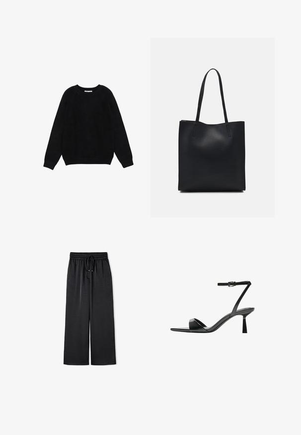 Zwart lange mouwen trui met ronde hals en geribbelde manchetten en zoom, plat liggend op een witte achtergrond.; Zwarte, lichte, wijde broek met een elastische tailleband en strikkoord, met een gladde textuur en zonder zichtbare patronen of accenten.; Bershka Sandalen met hoge hak - black; Zwarte leren handtas met een gladde textuur, rechthoekige vorm en twee lange handvaten. Geen zichtbare hardware of versieringen.