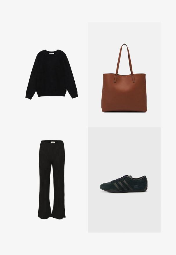 Fekete hosszú ujjú kerek nyakú pulóver bordázott mandzsettákkal és szegéllyel, fehér háttéren, laposan elhelyezve.; Fekete, bordázott nadrág, kibővített szegéllyel, magas derékkal. A textúra lágy és rugalmas, alkalmas hétköznapi viseletre.; Fekete velúr sportcipő három fekete csíkkal, lekerekített orral és lapos talppal, diszkrét logóval a saroknál.; Barna bőr vászontáska sima textúrával, nyitott tetejű dizájnnal és két vállpánttal. Minimális varrással és látható hardver nélkül készült.