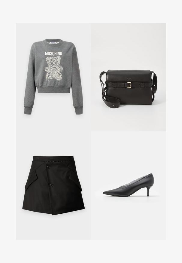 Gray cropped sweatshirt featuring a graphic bear design in white, with "MOSCHINO" text above. Soft texture and ribbed cuffs at the sleeves.; Black skirt with a structured design, featuring two front pockets and two buttons. Made of a smooth material with a textured waistline.; Black pointed-toe high heel shoe made of smooth leather. Features a slender heel and minimalistic design with no visible embellishments.; Black leather handbag with a structured shape. Features a gold buckle accent, adjustable strap, and smooth texture. Minimalist design.