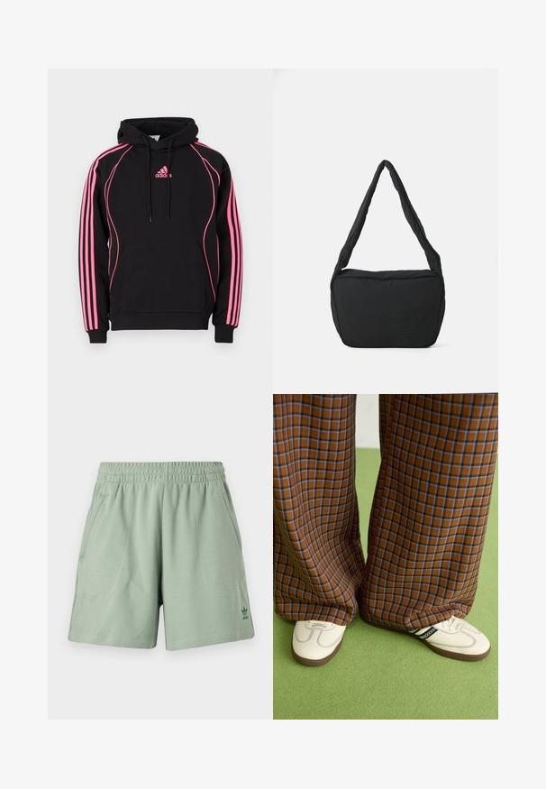 Crna dukserica s ružičastim detaljima i tri pruge na rukavima. Ima prednji džep i kapuljaču s vezicom. Mješavina pamuka.; Svijetlozelene kratke hlače s teksturiranim uzorkom, elastičnom gumicom u struku i bočnim džepovima. Mali zeleni logo na donjem lijevom dijelu nogavice.; Smeđe i plave karirane široke hlače uparene s bijelim cipelama s crnim akcentima i teksturiranim potplatom, na zelenoj pozadini.; Crna torba za rame s podstavljenom teksturom, zaobljenog oblika i širokim remenom, s reljefnim logotipom sprijeda.
