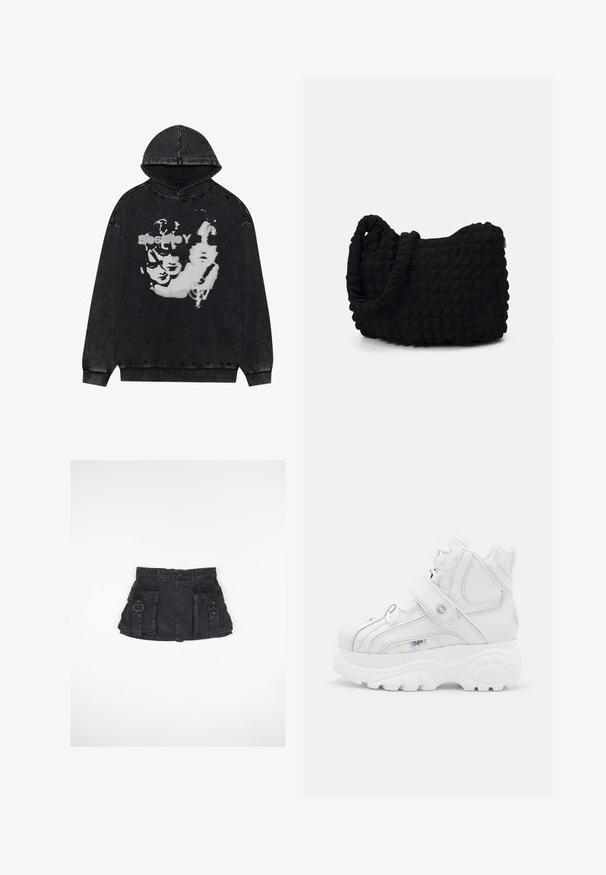 Czarna bluza z kapturem z przetarciami. Na przodzie znajduje się graficzny nadruk białych twarzy. Miękka faktura, luźny krój.; Czarna dżinsowa mini spódnica z dwoma przednimi kieszeniami, bocznymi klamrami i dopasowanym pasem. Posiada gładką fakturę i prosty dół.; Białe, wysokie trampki wykonane ze skóry, z paskiem na klamrę, okrągłym noskiem, grubą podeszwą i pionowymi detalami szwów.; Czarna torba z materiału o fakturowanym, pikowanym wzorze. Owalny kształt, krótkie, grube rączki oraz miękka, elastyczna struktura.