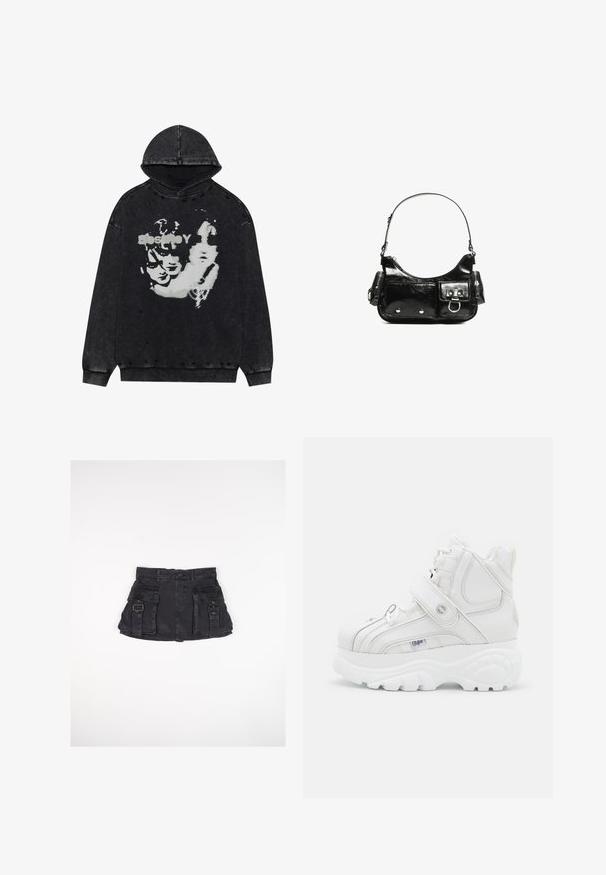 Hanorac negru cu glugă, cu detalii uzate. Prezintă un imprimeu grafic alb cu fețe pe partea din față. Textură moale, croială confortabilă.; Fustă mini din denim negru cu două buzunare frontale, catarame laterale și talie ajustată. Prezintă o textură netedă și un tiv drept.; Sneakers albi, cu glezna înaltă, din piele, având o curea cu cataramă, vârf rotund, talpă groasă și detalii de coasere verticale.; Geantă de mână din piele lăcuită neagră, cu o formă curbată, un umăr, buzunare frontale și accente din metal argintiu.