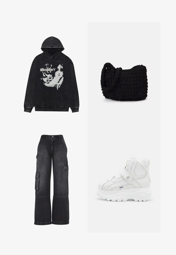 Schwarzer Kapuzenpullover mit distressed Details. Zeigt einen grafischen Druck von Gesichtern in Weiß auf der Vorderseite. Weicher Stoff, lockere Passform.; Schwarze Cargo-Hosen aus Denim mit weitem Bein, mehreren Seitentaschen und einem taillierten Bund mit vorderem Knopfverschluss.; Weiße High-Top-Sneaker aus Leder mit einer Schnallenriemen, runder Zehenpartie, dicker Sohle und vertikalen Steppdetails.; Schwarze Stofftasche mit einer strukturierten, gesteppten Oberfläche. Abgerundete Form, kurze, dicke Griffe und eine weiche, flexible Struktur.