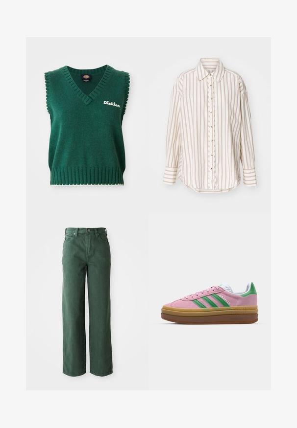 Grønn ermeløs strikket vest med V-hals, ribbestrikkede kanter, hvit kanting, og "Dickies" logo på brystet.; Striped skjorte i krem og lys brun, med knappestolpe foran, krage og lange ermer med en lett buet nederkant.; Grønne vide ben-jeans laget av denim. Har høy midje, rette ben, frontlommer og metallknapp-lukking.; Rosa semskede sneakers med grønne striper, hvite detaljer og en brun gummisåle. Har teksturert stoff og logodetaljer på siden.