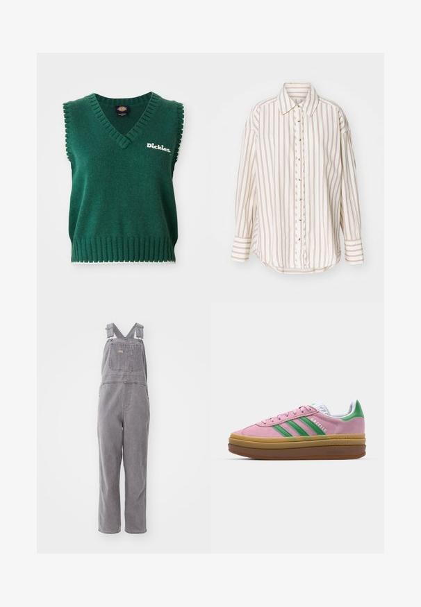 Green sleeveless knit vest with V-neck, ribbed edges, white trim, and "Dickies" logo on the chest.; Striped shirt in cream and light brown, featuring a button-up front, collar, and long sleeves with a slightly curved hem.; Gray denim overalls with adjustable shoulder straps, a front pocket, and a relaxed fit. Features straight-cut legs and solid color throughout.; Pink suede sneakers with green stripes, white accents, and a brown rubber sole. Features textured fabric and logo detailing on the side.