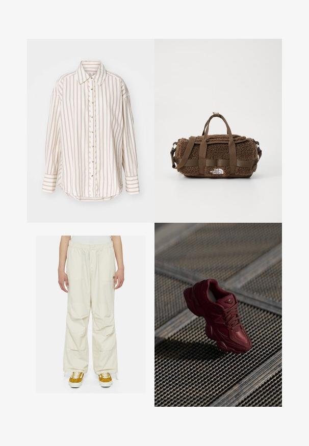 Žalias be rankovių megztas liemenė su V formos iškirpte, grioveliais apipjautais kraštais, balta apdaila ir "Dickies" logotipu ant krūtinės.; Dryžuotas švarkas kremine ir šviesiai rudos spalvos, su mygtukų užsegimu, apykakle ir ilgemis rankovėmis, šiek tiek išlenktu hemu.; Kremo spalvos kargo kelnės su laisvu siluetu, elastinga juosta ir keliais kišenėmis. Dėvimos su rudos ir baltos spalvos sportbačiais ant baltos fono.; Bordo spalvos sportiniai bateliai su tekstūruotu paviršiumi, raištelių užsegimu ir išryškintais padų kontūrais. Papuošti logotipu ir vientisomis sintetinėmis medžiagomis.; Rudas sportinis krepšys pagamintas iš tekstūruoto, pūkuoto audinio su tinklinėmis dirželis, logotipo etikete ir užtrauktuko uždarymu. Yra nuimamas peties diržas.