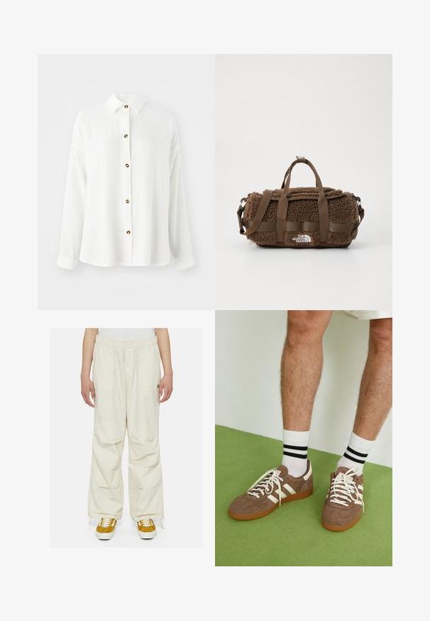 Green sleeveless knit vest with V-neck, ribbed edges, white trim, and "Dickies" logo on the chest.; White long-sleeve shirt with a textured fabric, button-down front, collar, and brown button accents. Soft, casual design.; Cream-colored cargo pants with a loose fit, elastic waist, and multiple pockets. Worn with brown and white sneakers on a white background.; Brown suede sneakers with white accents and laces. Rubber gum sole. Worn with white socks featuring black stripes. Green textured flooring.; Brown duffel bag made of textured, fluffy fabric with webbed straps, logo patch, and a zip closure. Features a removable shoulder strap.