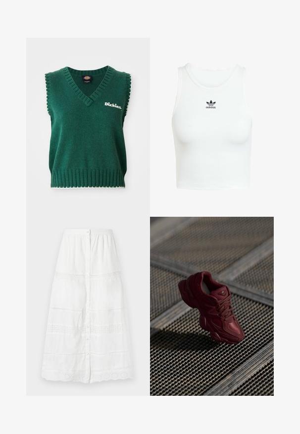 Zeleni bezrukavni pleteni prsluk s V-izrezom, rebrastim rubovima, bijelim obrubom i "Dickies" logotipom na prsima.; Bjela pamučna majica bez rukava s uskim rebrastim uzorkom, okruglim izrezom i izvezenim crnim Adidas logotipom sprijeda.; Bijela suknja sa dugim rukavima od lagane tkanine, s čipkastim rubom i vezom na dnu i srednjem dijelu.; Burgundske tenisice s teksturiranim gornjim dijelom, dizajnom s vezicama i izraženim konturama potplata. Sadrže znak i bešavne akcentne dijelove od sintetičkog materijala.